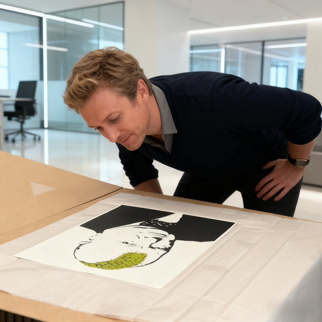 Art advisor reviewing provenance documentation and ownership records for a contemporary artwork