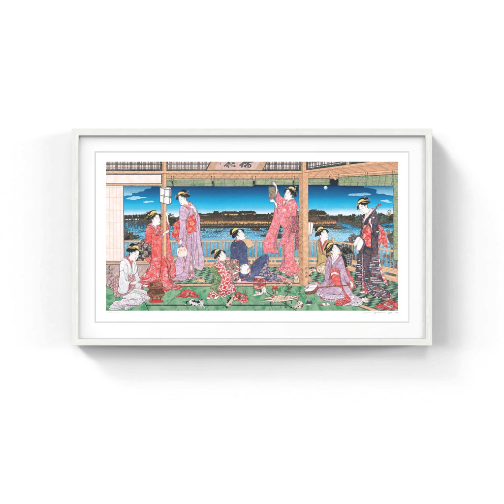 Detail of Takashi Murakami, Torii Kiyonaga’s “A Party Viewing the Moon across the Sumida River” UFO, Flower Parent and Child, and Many Cats - SUPERFLAT, 2026