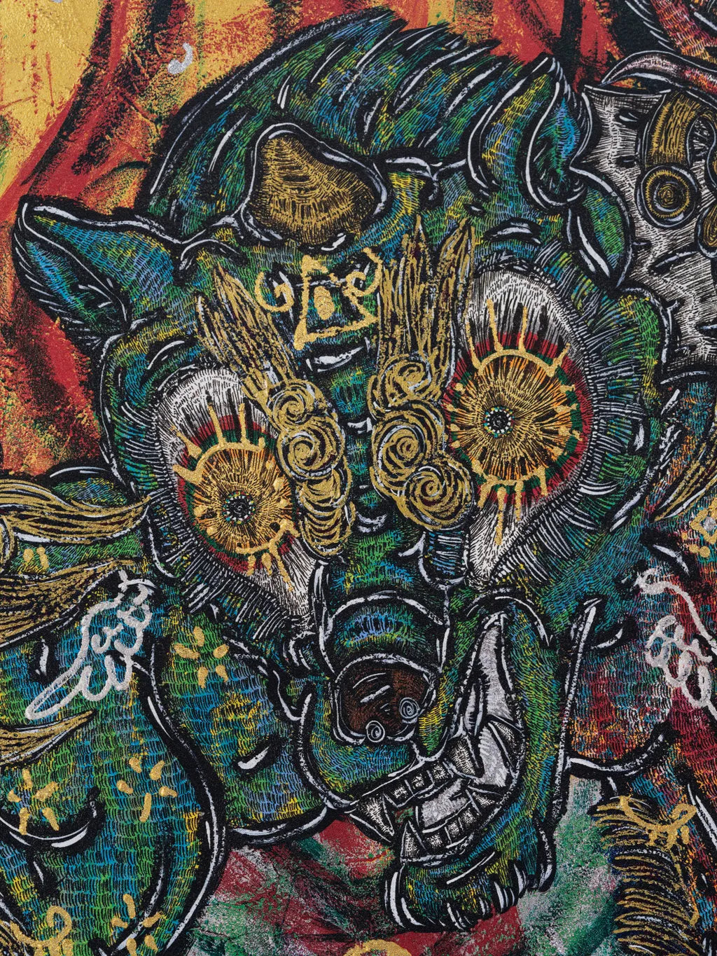 Detail of Miwa Komatsu Three Guardians print, komainu figures